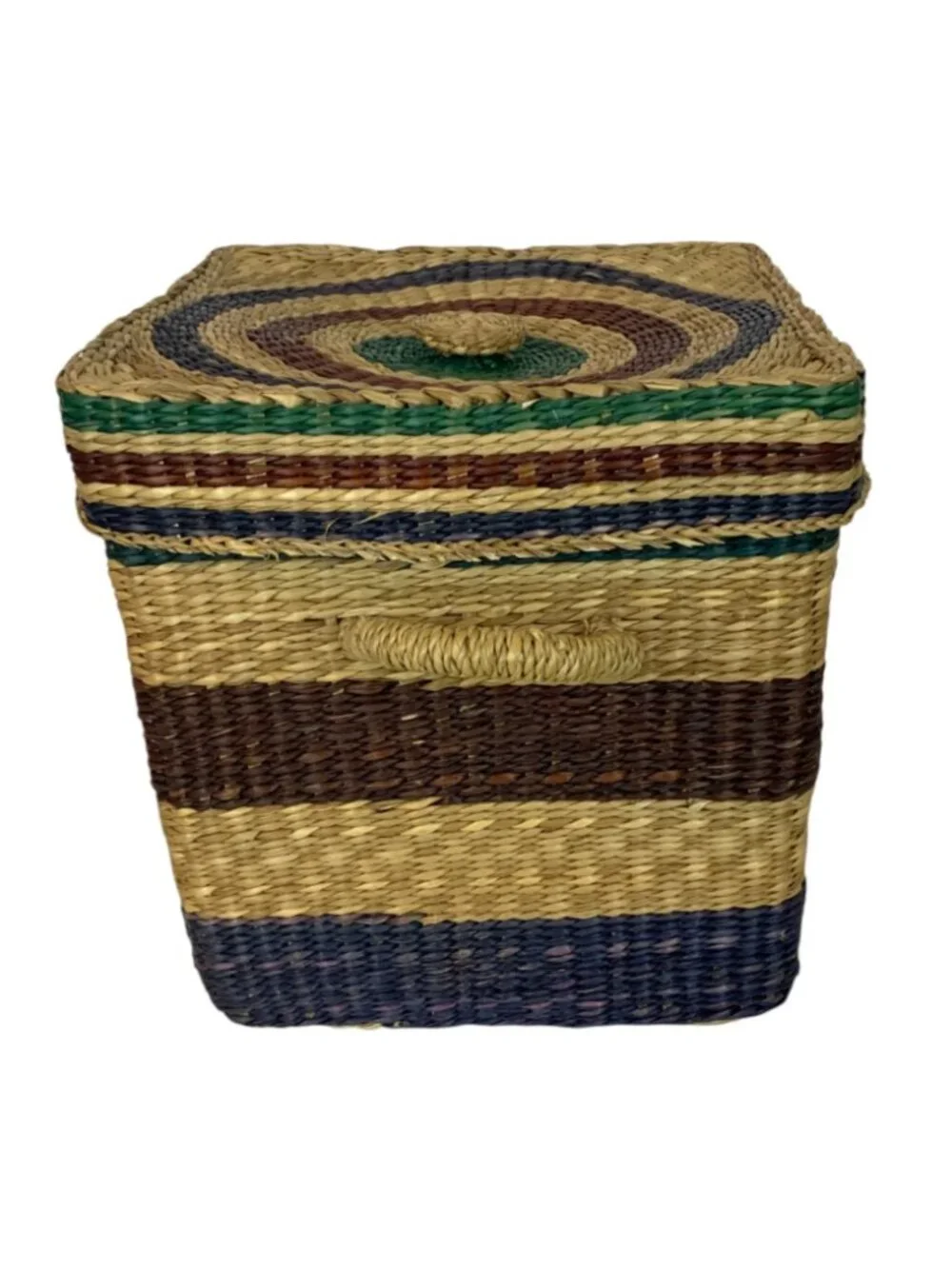 Square Bolga Basket With Lid Handles Handwoven Straw Multicolor Stripes Storage